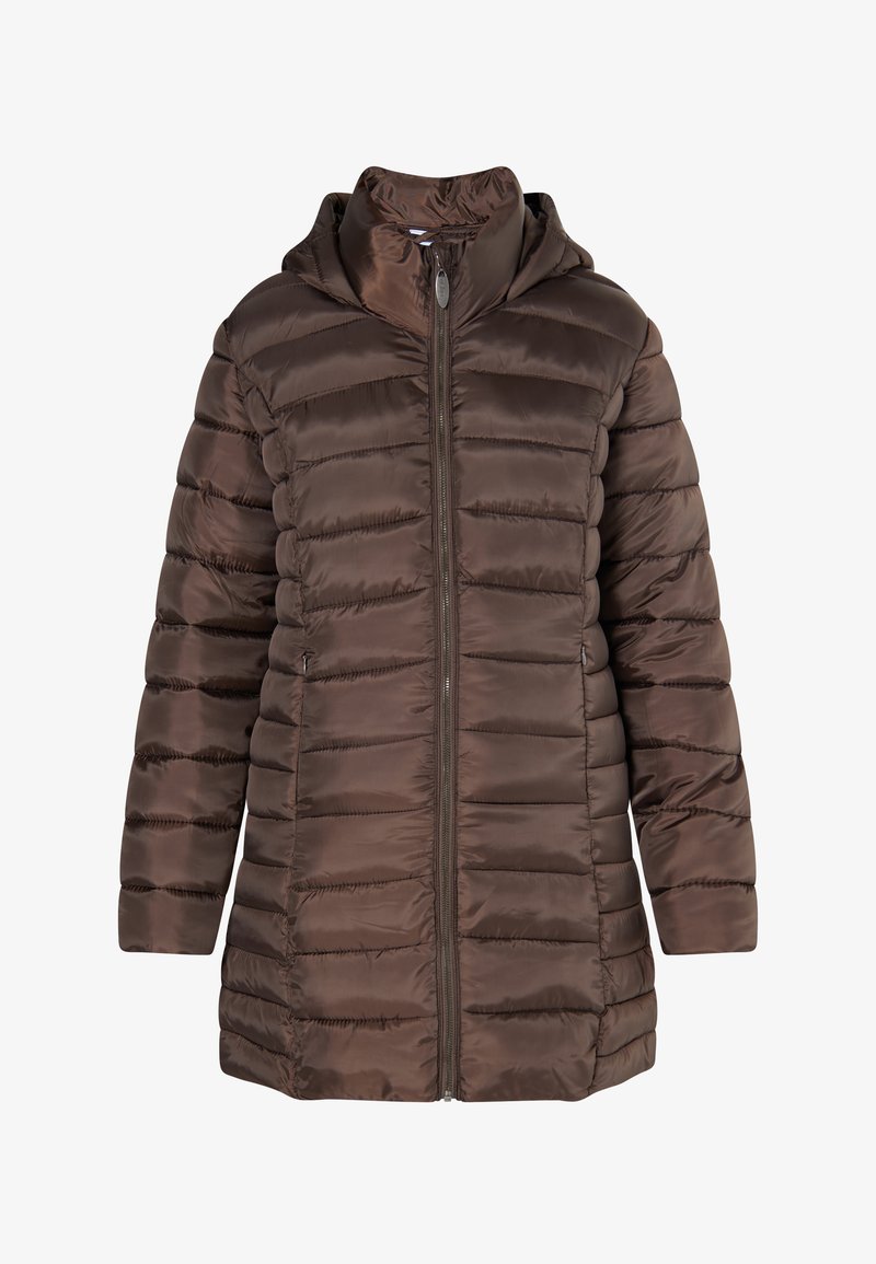 Brown puffer jacket with a hood, featuring a front zipper, quilted design, and smooth texture. Suitable for cold weather conditions.