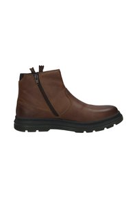 Braune Leder- ankle Boots mit einem Reißverschluss an der Seite, Gummisohle und abgerundeter Zehenpartie. Verfügt über eine stickte Detail und Zuglaschen für ein einfaches Anziehen.