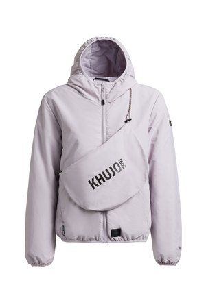 Hellgraue Kapuzenjacke mit durchgehendem Reißverschluss vorne und passender Umhängetasche mit "KHUJO 2001"-Logo. Elastische Bündchen und Saum.