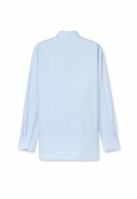 Hellblaues Langarmshirt mit strukturiertem Muster, Knopfmanschetten und klassischem Kragen. Verfügt über einen geraden Saum und eine Rückenpasse.