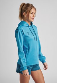 Felpa leggera blu con cappuccio regolabile, con logo nero e dettagli a chevron sulle maniche. Tessuto liscio e vestibilità rilassata.
