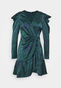Wrap dress in green and navy with a tiger stripe pattern. Long sleeves, ruffled shoulders, gathered waist, and a flared hem. Smooth texture.