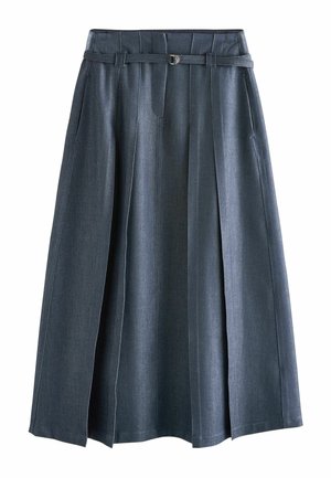 Tumesinise värvusega teksase midi-seelik, volditud disain, lai vöökoht ja metallpandlaga vöö. Puhas servade ja struktureeritud tekstuur.