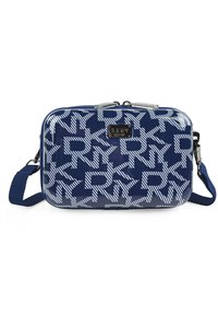 Bolsa rectangular azul marino con acabado brillante, que presenta un patrón geométrico blanco y una placa de logo plateada. Incluye una correa desmontable.