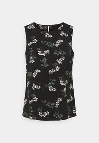 Zwarte mouwloze top met een ronde halslijn, voorzien van witte bloemmotieven en groene accenten, gemaakt van lichtgewicht stof.