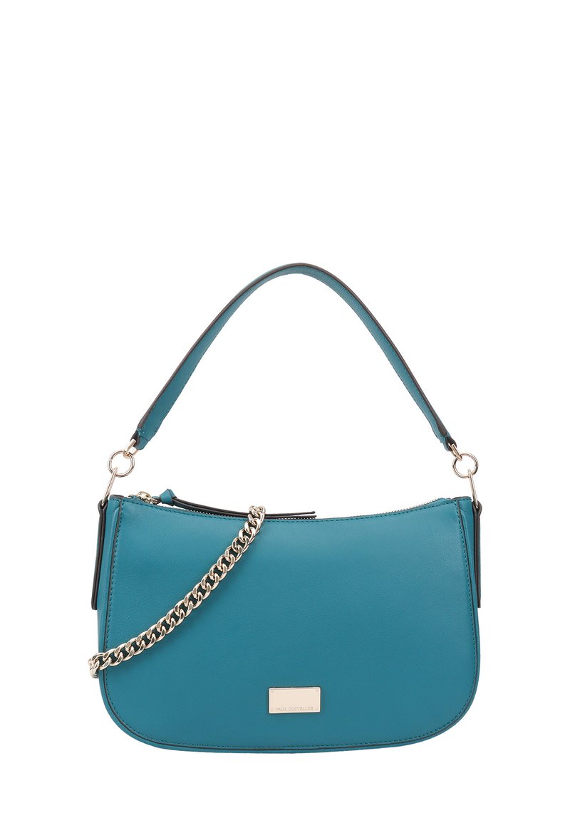 Sac à épaule en cuir teal avec une forme arrondie, doté d'une bandoulière en chaîne métallique amovible et d'une fermeture zippée avec une petite plaque logo.