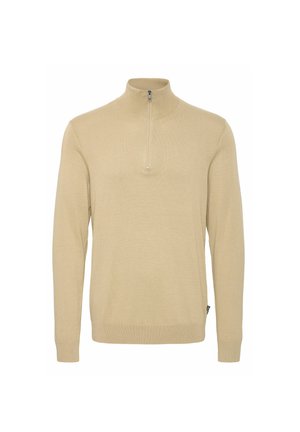 Beige zip-up sweater made of soft knit fabric, featuring a high collar and long sleeves with ribbed cuffs and hem. Minimalist design.