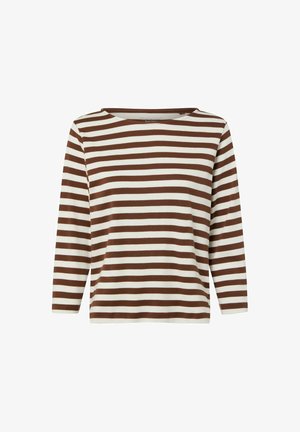 Brown and cream striped long-sleeve top, made from cotton. Features a round neckline and a relaxed fit with straight cut.