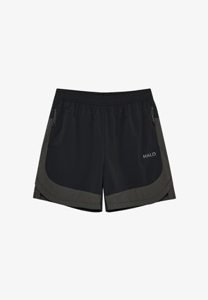 Czarne sportowe szorty z ciemnoszarymi zakrzywionymi panelami bocznymi, elastycznym pasem, kieszeniami na zamek oraz logo "HALO" na prawej nogawce.