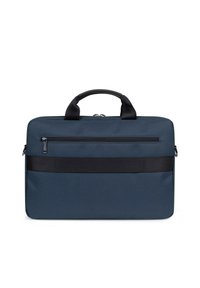 Donkerblauwe laptoptas met een gladde stofstructuur, dubbele bovenhandvaten, een voorzak met rits en een contrasterende zwarte horizontale banddetails.