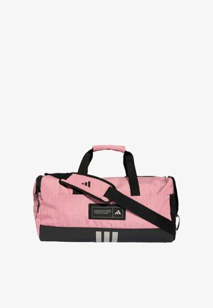 Rosa Stoffreisetasche mit schwarzem Boden, zwei Griffen, verstellbarem Schulterriemen, Reißverschluss und drei weißen Streifen an der Seite.