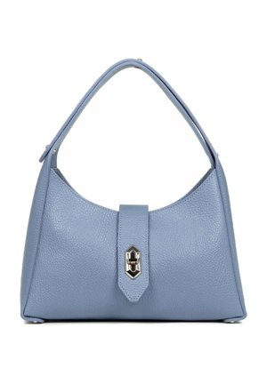 Borsa in pelle blu chiaro con una forma strutturata, manico superiore singolo e chiusura con gancio metallico. Texture liscia con una finitura granulosa.