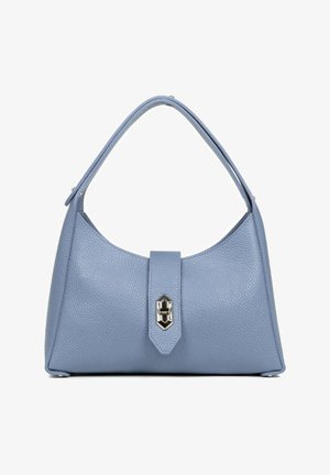 Sac à main en cuir bleu clair d'une forme structurée, avec une seule poignée supérieure et une fermeture à fermoir métallique. Texture lisse avec une finition grainée.