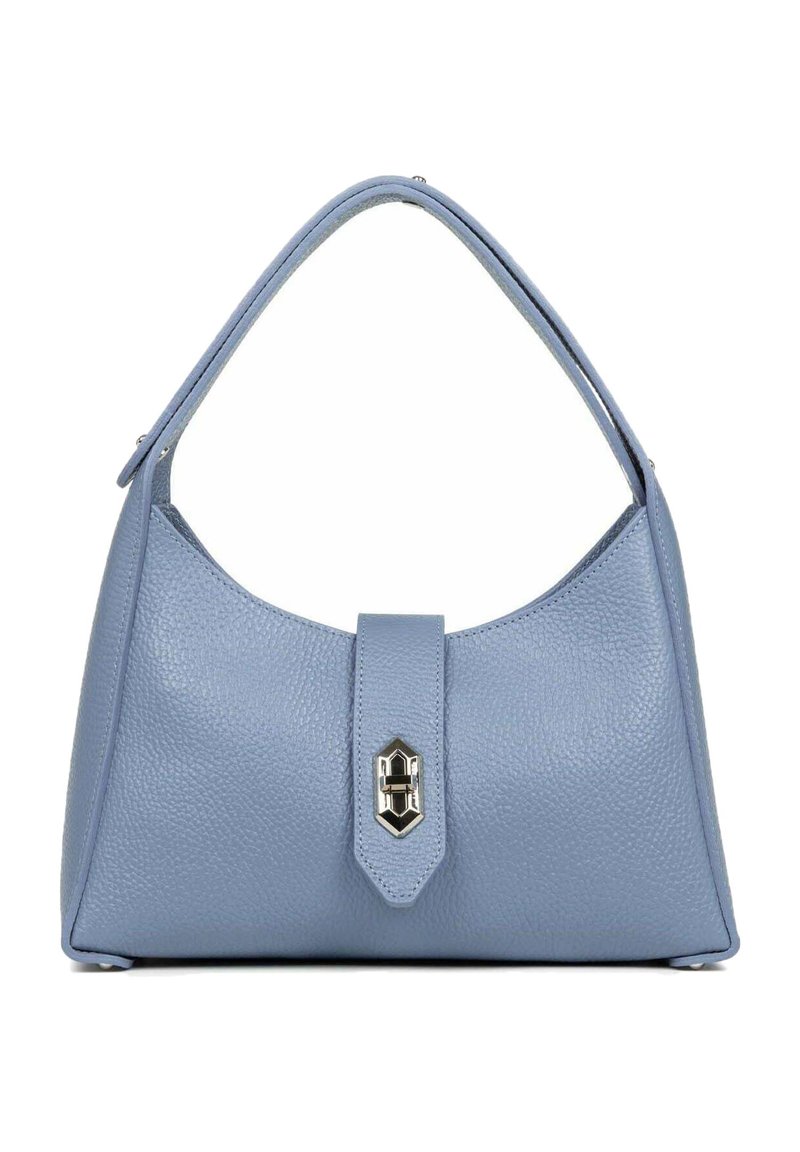 Borsa in pelle blu chiaro con una forma strutturata, manico superiore singolo e chiusura con gancio metallico. Texture liscia con una finitura granulosa.