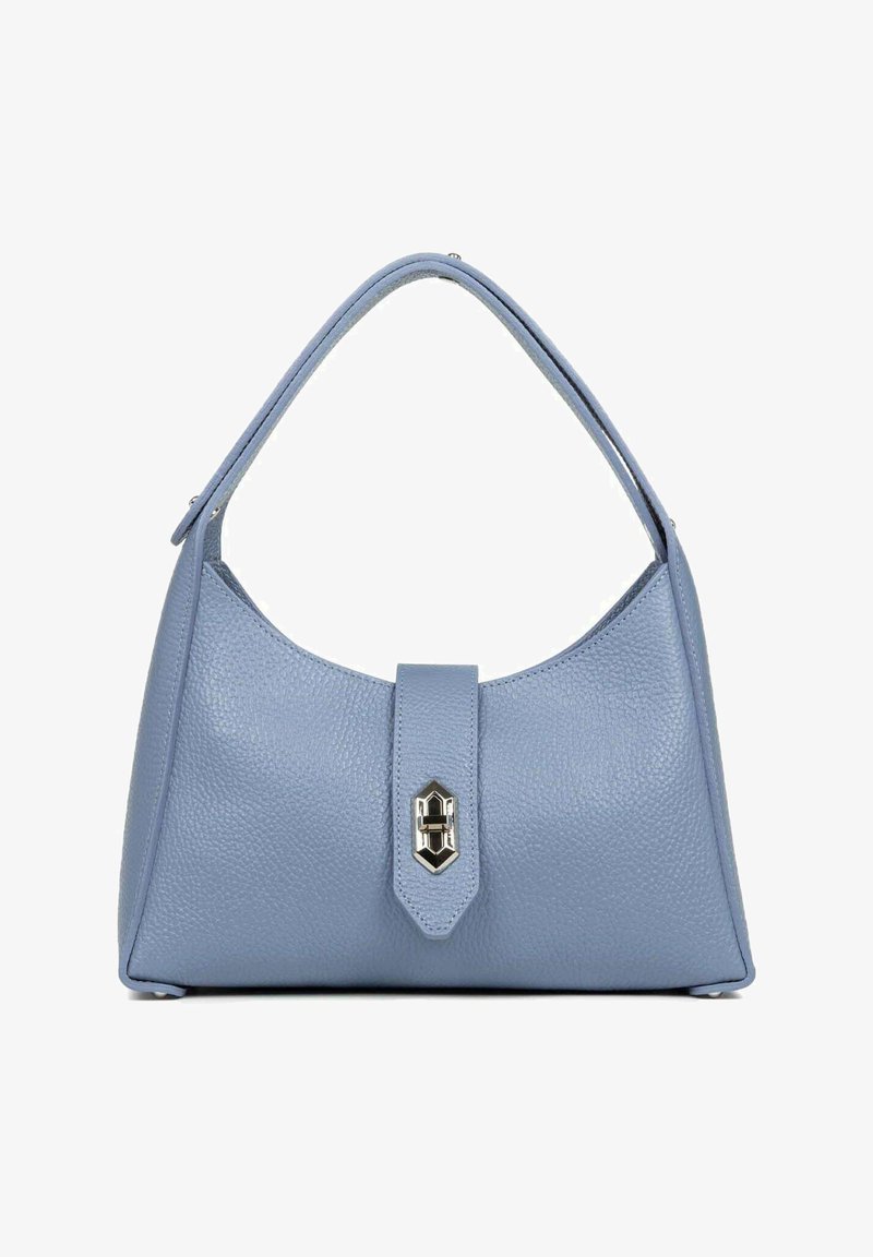 Borsa in pelle blu chiaro con una forma strutturata, manico superiore singolo e chiusura con gancio metallico. Texture liscia con una finitura granulosa.