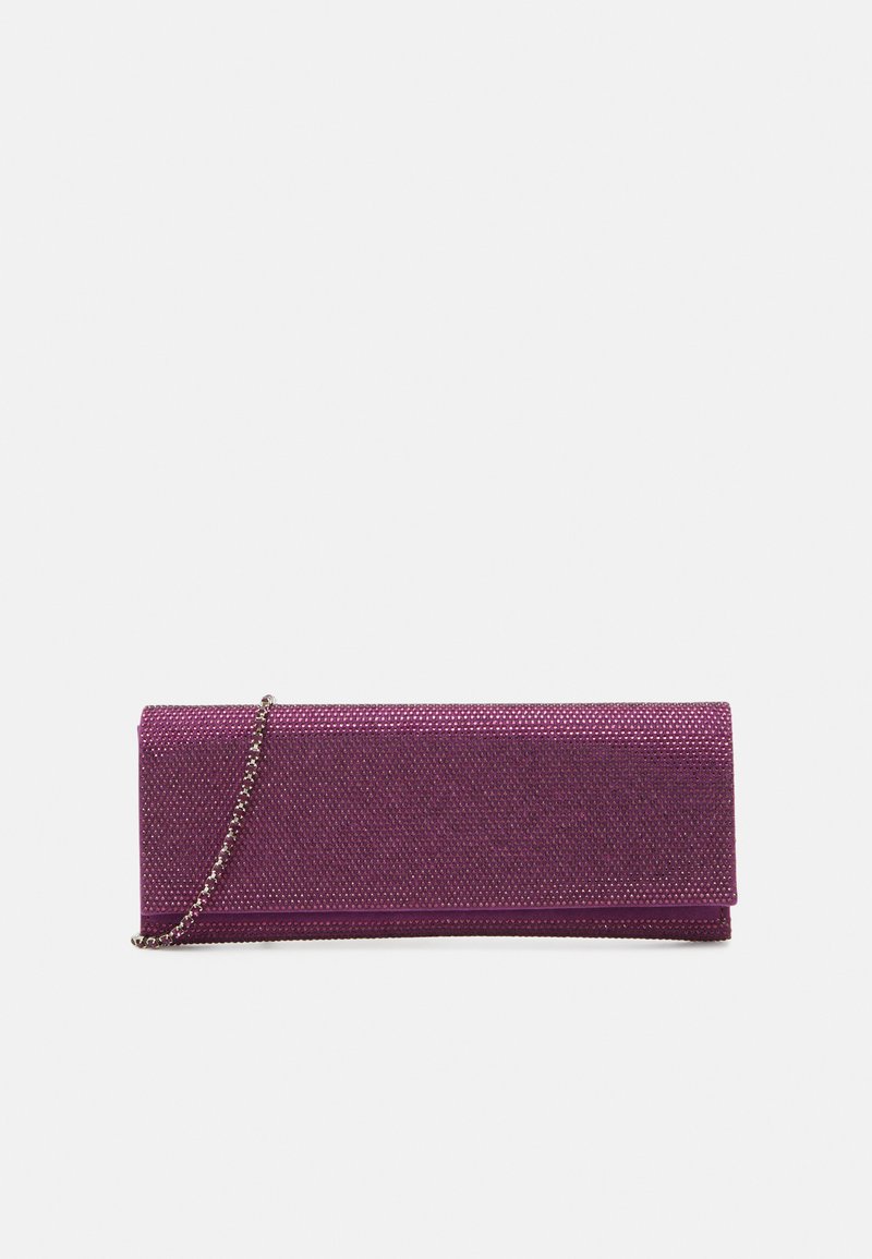 Purple clutch with a textured finish, featuring a chain strap and sleek, rectangular shape. Horizontal flap closure at the top.