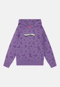 Felpa viola in cotone con tasca frontale e cappuccio con coulisse. Stampata con vari motivi di insetti e funghi. Logo "Santa Cruz" in bianco.