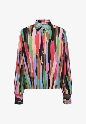 Blusa con cuello en tejido plisado multicolor que presenta franjas audaces en rosa, verde, marrón y azul; cierre de botones y puños elásticos.