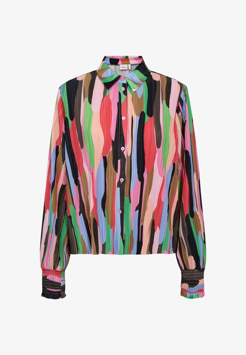 Blůza s límečkem z vícebarevné plisované látky, zdobená výraznými proužky v růžové, zelené, hnědé a modré; zapínání na knoflíky a elastické manžety.