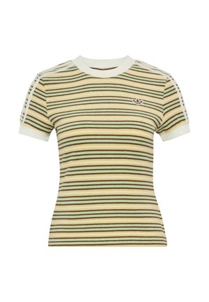 T-shirt ajusté à manches courtes avec des rayures horizontales crème, marron et vert, avec un petit logo sur la poitrine gauche et une bordure blanche.