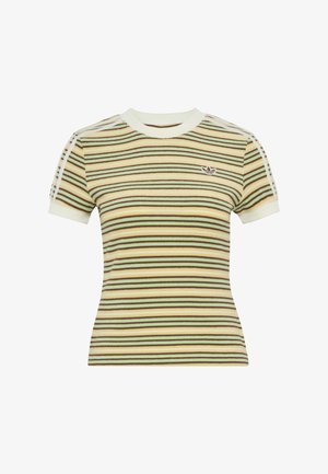 Dopasowany t-shirt z krótkim rękawem z poziomymi paskami w kolorze kremowym, brązowym i zielonym, z małym logo na lewej piersi i białym obszyciem.