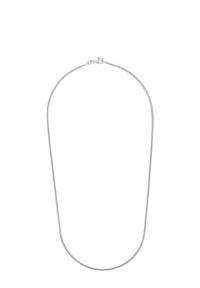 Collana d'argento con un design elegante e flessibile. Presenta una forma rotonda e sottile, con una texture liscia e una chiusura a moschettone.