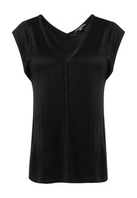 Schwarzes Kurzarmoberteil mit V-Ausschnitt, gerade geschnitten und mit glatter Textur. Beinhaltet ein kontrastierendes zentrales Nahtdetail.