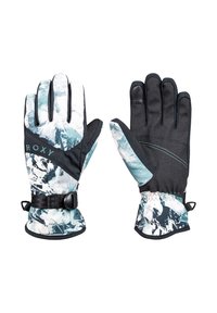 Gants texturés avec un motif de montagne en tissu noir, blanc et teal. Sangle de poignet ajustable pour un maintien sécurisé. Paumes renforcées pour une meilleure adhérence.