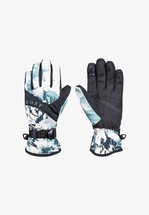 Strukturierte Handschuhe mit einem Bergmuster aus schwarzem, weißem und türkisfarbenem Stoff. Verstellbarer Handgelenkriemen für einen sicheren Sitz. Verstärkte Handflächen für besseren Grip.