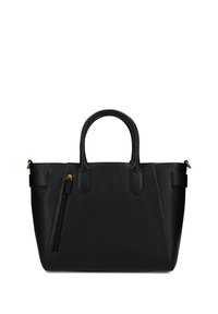 Borsa nera realizzata in materiale testurizzato, con doppi manici, una tasca laterale con zip e dettagli in metallo dorato.