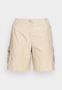 Pantaloni cargo beige con chiusura a pulsante e cerniera, passanti per cintura e tasche con pattina su entrambi i lati.