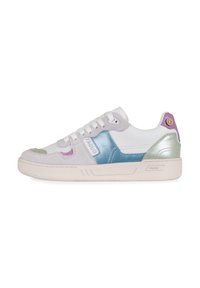 Weißer Sneaker mit Akzenten aus Wildleder, Mesh und Leder in Blau, Grau, Grün und Lila. Verfügt über eine strukturierte Oberfläche und markenspezifische Details.