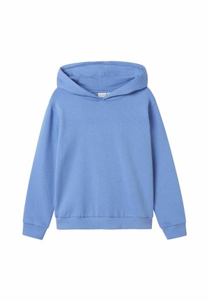 Hellblauer Hoodie mit langen Ärmeln, gerippten Bündchen und Saum, mit einfachem Design ohne sichtbare Logos oder Muster.