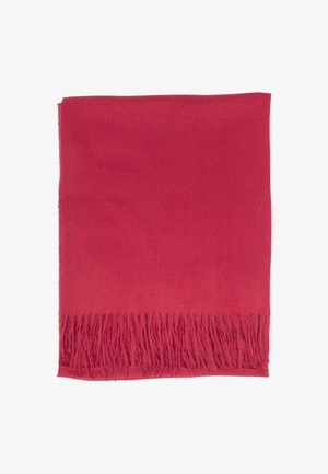 Rotfransiger Schal aus weichem Material. Hat eine glatte Textur mit langen, gleichmäßigen Fransen an der Unterseite, was ihm ein gemütliches Aussehen verleiht.