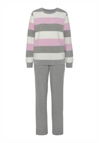 Multicolored loungewear set featuring a long-sleeve pullover with gray, pink, and white stripes, paired with gray pants. Soft fabric, relaxed fit.