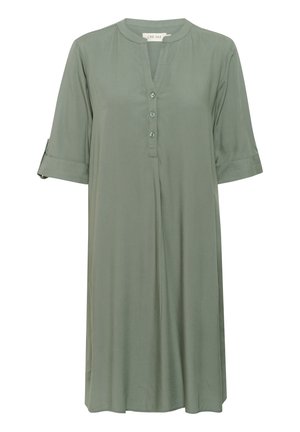 Khaki zelené midi šaty s henley výstřihem, krátkými rukávy, ohrnovacími manžetami a knoflíkovým zapínáním na přední straně. Hladká látka bez vzorů.