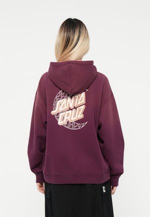 Felpa bordeaux con cappuccio regolabile, caratterizzata da una grande grafica sul retro con il testo "Santa Cruz" e un design geometrico.