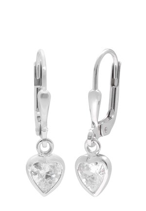 Silver lever-back earrings with heart-shaped clear gemstone pendants, shown against a plain white background.