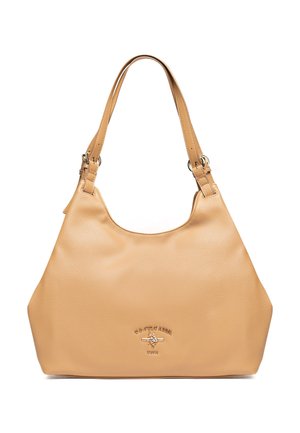 Sac à bandoulière en cuir fauve avec doubles sangles, surface texturée et petit logo U.S. Polo Assn. embossé sur le centre avant.