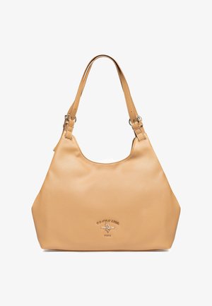 Bolso de hombro de cuero color marrón claro con doble asa, superficie texturizada y pequeño logo en relieve de U.S. Polo Assn. en el centro frontal.