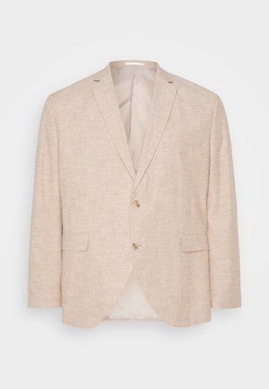 Blazer en lin beige clair avec fermeture à deux boutons, revers crantés et poches latérales ; présente une doublure intérieure lisse.