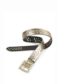 Cintura metallic silver con accenti di pietre decorative, dotata di una fibbia rettangolare e di una superficie texture, che contrasta con la parte inferiore liscia di colore nero.