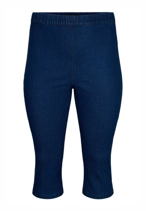 Navy blue denim capri pants with an elastic waistband, featuring a smooth texture and solid color, ending just below the knee.