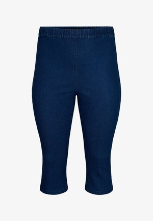 Pantalones capri de mezclilla azul marino con cinturilla elástica, con una textura suave y color sólido, que terminan justo debajo de la rodilla.