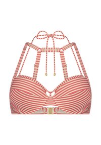 Pruhovaný bikiny top v korálové a krémové barvě, s vycpávkami, nastavitelnými ramínky a klipsnou v zlatém odstínu na zadní straně. Obsahuje propracovaný design ramínek.