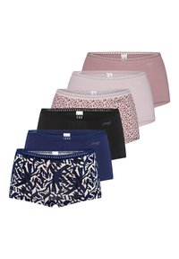 Set aus sechs Damenslips im Hipster-Stil in verschiedenen Farben: marineblau, schwarz, pink und mit einem gemusterten Design. Verfügt über einen komfortablen Spitzenbund.