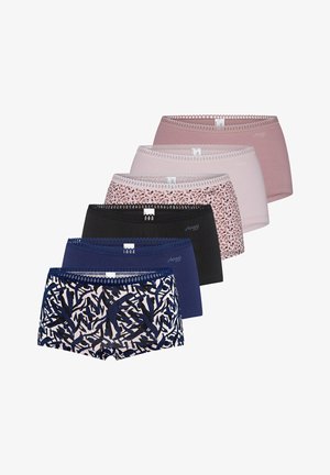 Helle lila Baumwollshorts mit zarter Spitzenkante am Bund und glatter Textur, die auf der Vorderseite ein Logo aufweisen.