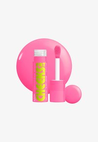 Jasnoróżowe opakowanie NYX Fat Cheeks Juicy Blush, z błyszczącą, okrągłą nakrętką i aplikatorem typu doe-foot, z zielonym tekstem.
