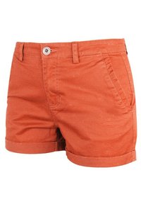 Shorts en coton orange avec ourlets repliés, dotés d'une fermeture à bouton à l'avant, de deux poches latérales et d'une texture lisse.