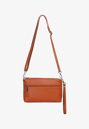 Orange leather crossbody bag with a textured finish, featuring a detachable strap and a front zip pocket for added storage.